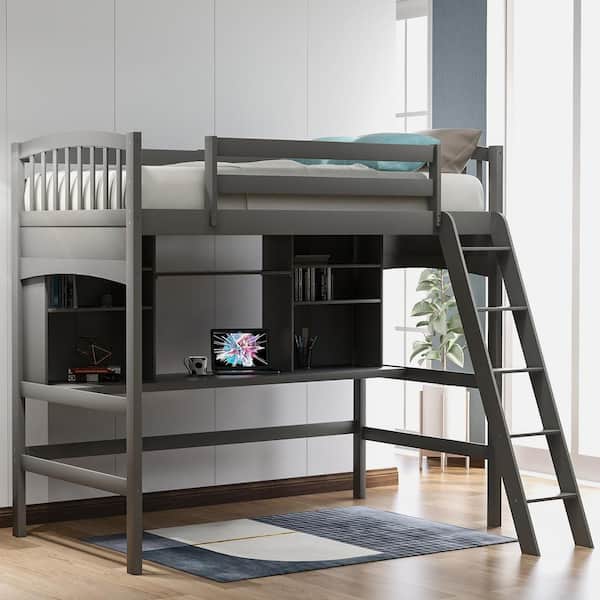 Qualler Kalea Gray Twin Size Loft Bed with Desk and Storage Shelves