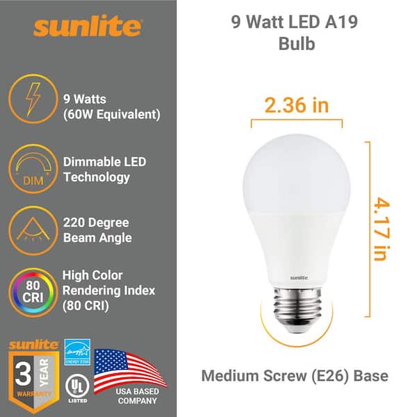 Sunlite 81080 - Bombilla LED de filamento A19, color estándar,  transparente, intensidad regulable, 81085