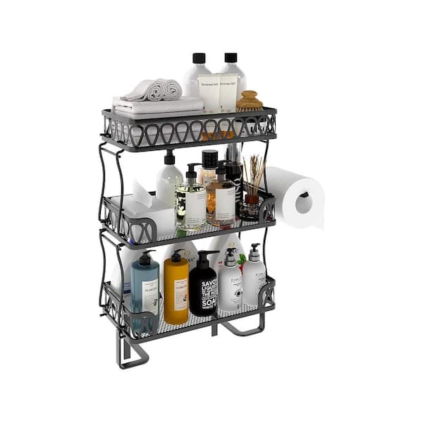FUNKOL Three-Tier Bathroom Storage Shelf in Black with Hollow Bottom Design Freestanding Shower Caddy