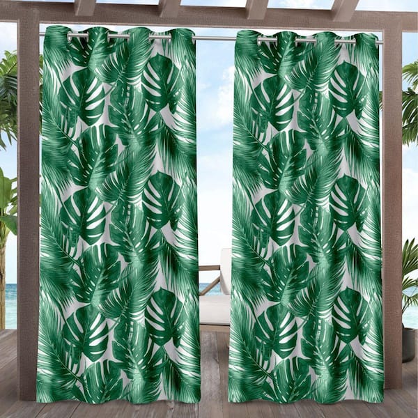 EXCLUSIVE HOME Jamaica Palm Green Palm Leaf Light Filtering Grommet Top Indoor/Outdoor Curtain, 54 in. W x 84 in. L (Set of 2)