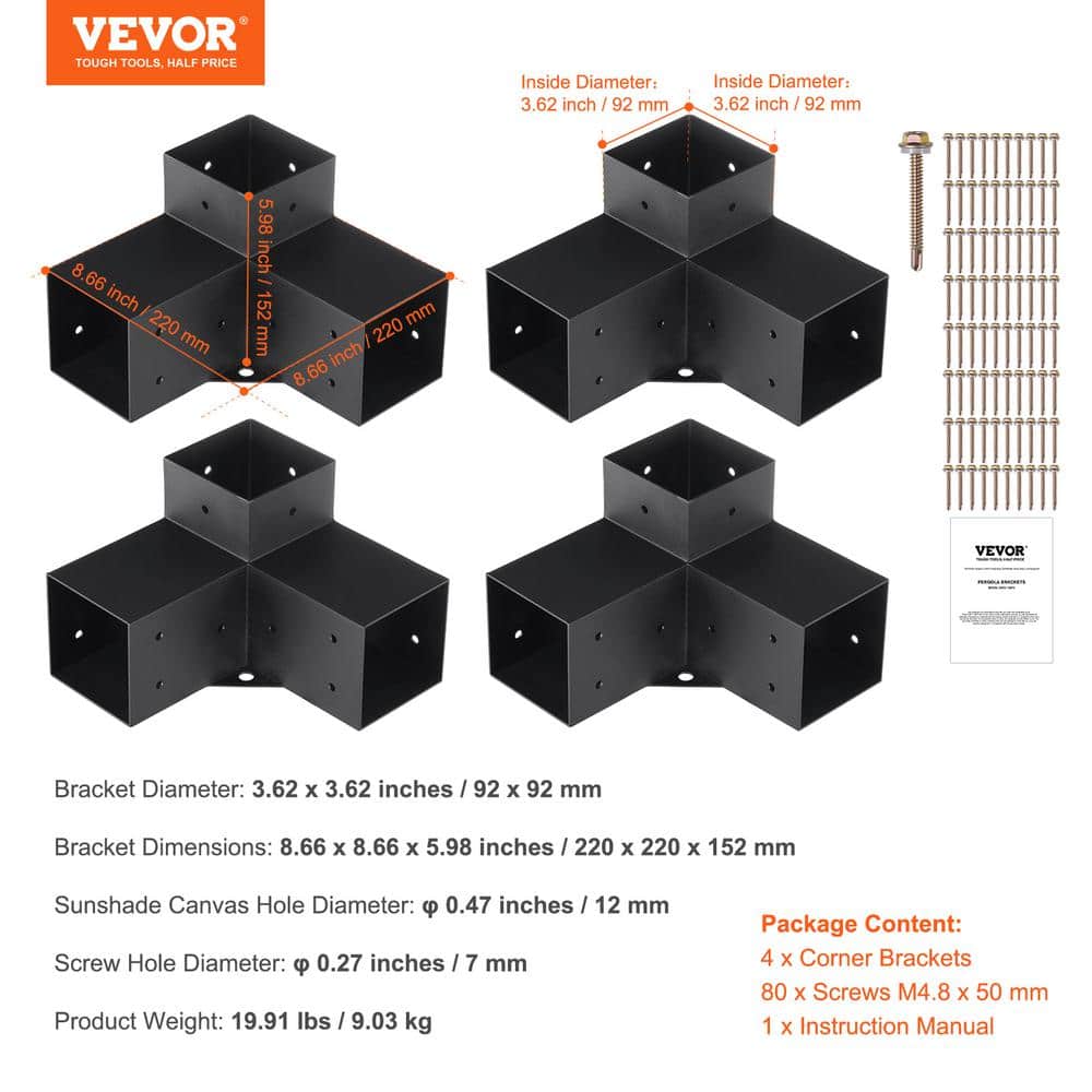 Black Alloy Steel 3-Way Pergola Bracket Kit