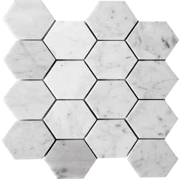 Apollo Tile White 4 in. x 5 in. Polished Carrara Hexagon Marble Mosaic Tile Sample (0.13 sq. ft./Piece)