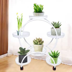 29.92 in. Tall White 6-Tiered Metal Iron Plant Flower Pot Stand with 4 Wheels Kits and Accessories