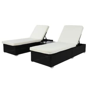 Black Wicker Outdoor Chaise Lounge Set with White Cushions