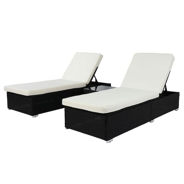 Karl home 3-Piece Black Wicker Outdoor Chaise Lounge Set with White Cushions