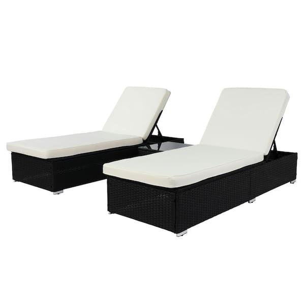 Winado Black Wicker Outdoor Chaise Lounge Set with White Cushions