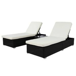 3-Piece Black Wicker Outdoor Chaise Lounge Set with White Cushions