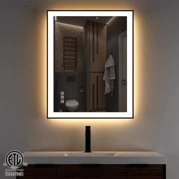 waterpar 24 in. W x 36 in. H Rectangular Framed Anti-Fog LED Wall Bathroom Vanity Mirror in Black with Backlit and Front Light