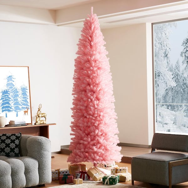 Glitzhome 9 ft. Pink Pencil Tinsel Artificial Christmas Tree 2014600166 -  The Home Depot