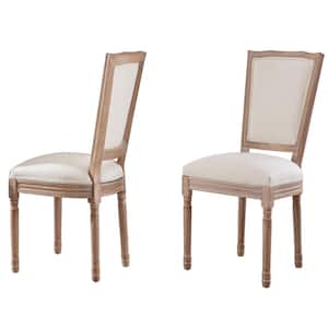 French Country Style Beige Fabric Upholstered Dining Chair, Kitchen Wooden High Back Side Chair (Set of 2)