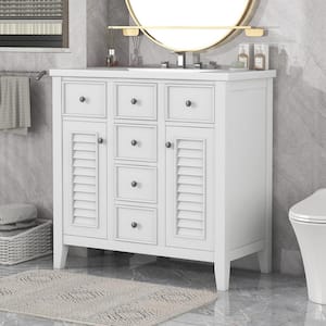 36 in. W Single Sink Freestanding 5 Drawers White Bath Vanity with White Ceramic Top Unassembled