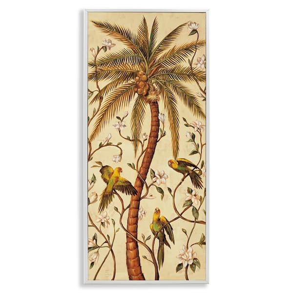 Stupell Industries Parrots and Curvy Palm Tree by Rodolfo Jimenez White Framed Nature Giclee Art Print 24 in. x 10 in.
