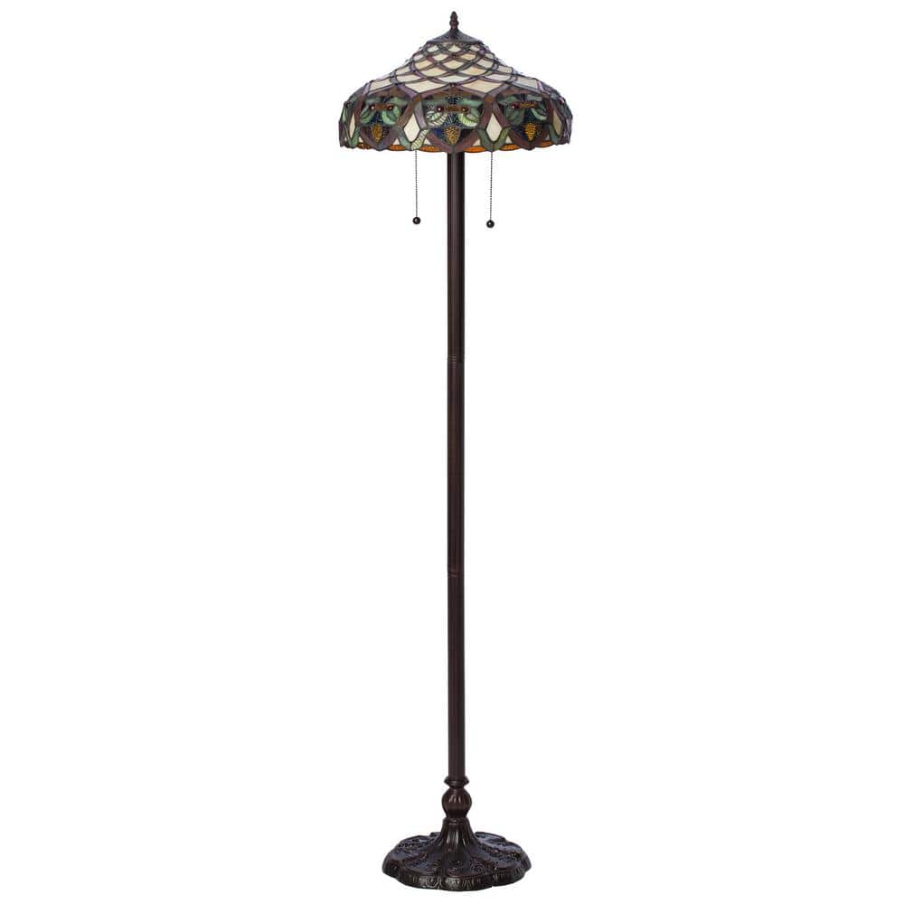 Antique Bronze Stained Glass Floor Lamp with Pull Chain Switch