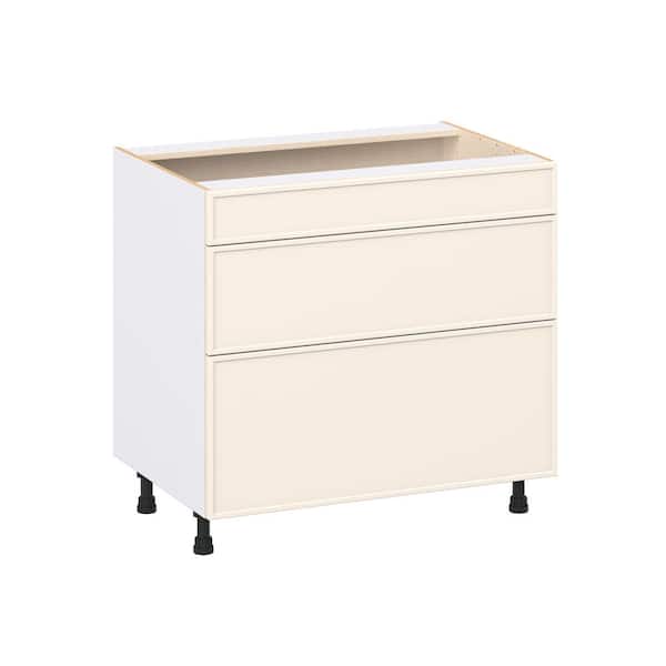 Fairview 36in.Wx24in.D x 34.5in.H Assembled Slim Shaker Cooktop Drawer Base Kitchen Cabinet in Washed Linen w/ 3-Drawers