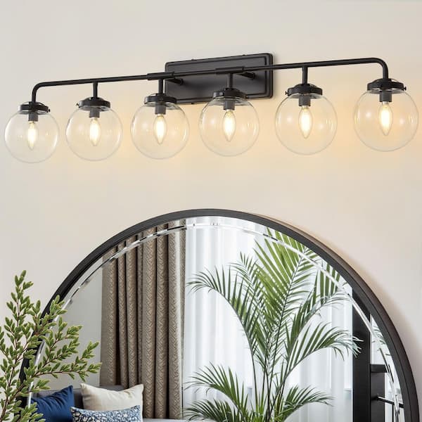 Modern 45.28 in. 6-Light Black Bathroom Vanity Light with Clear Glass Shades, Suitable for Bathrooms, Powder Rooms