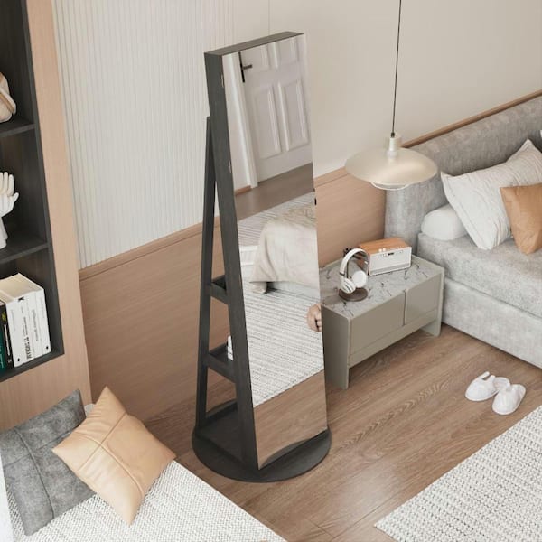 Black 360° Swivel Lockable Jewelry Cabinet with Full Length Mirror, Rotating Standing Jewelry Armoire Organizer