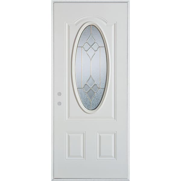 32 in. x 80 in. Geometric Brass 3/4 Oval Lite 2-Panel Painted White Right-Hand Inswing Steel Prehung Front Door