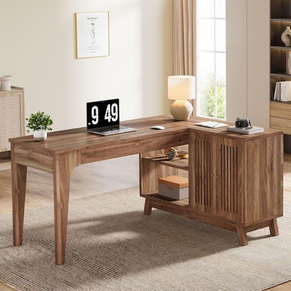 Moronia 57 in. Walnut Wood L-Shaped Desk, Computer Desk with Cabinet and Open Shelf, Corner Desk for Home Office