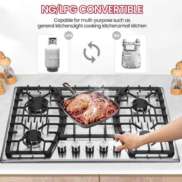 LD 30 in. 5 Burners Recessed Gas Cooktop in Stainless Steel with Continuous Grates