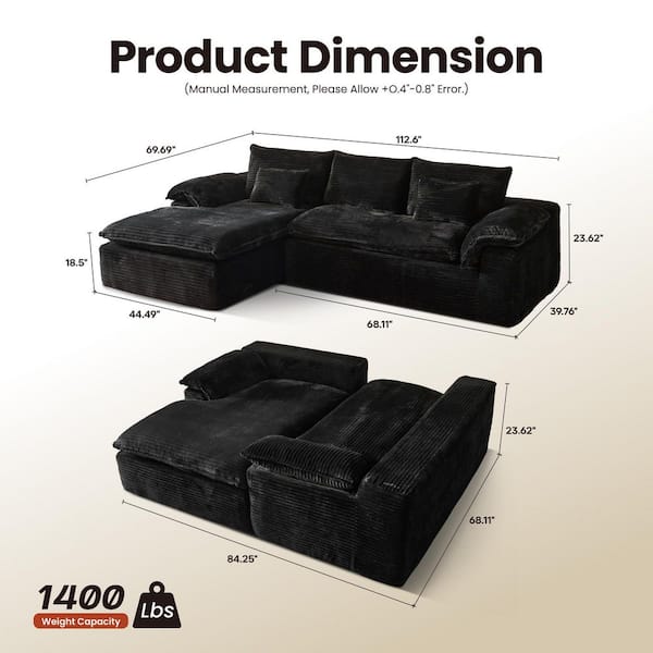 Allwex TOTO 112 in. Wide Arm 2-Piece Modern Plush Corduroy L-Shape