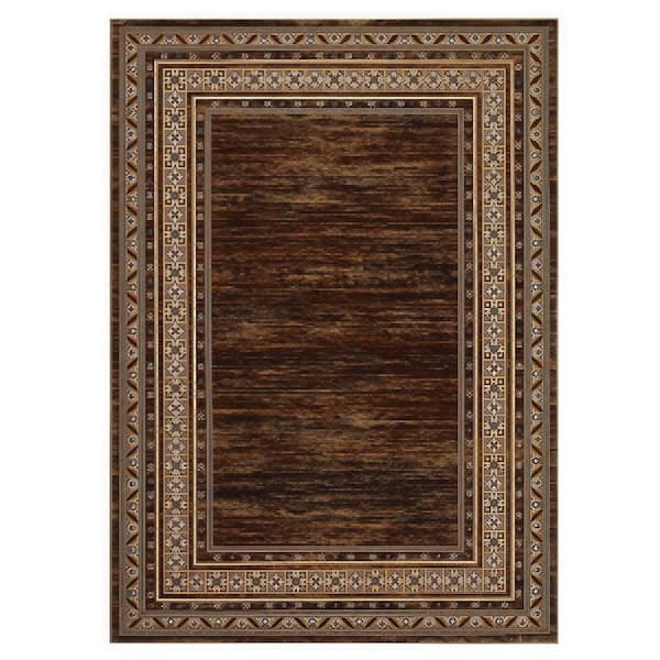 Brown 6 ft. x 9 ft. Washable, Modern Border Design Low Pile Non Slip Indoor Carpet for Living Room Bedroom Area Rug