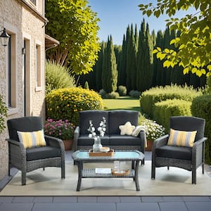 Hyacinth Gray 4-Piece Wicker Patio Outdoor Conversation Seating Set with a Coffee Table and Black Cushions