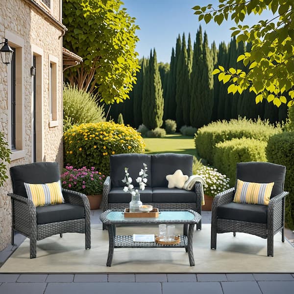 weaxty W Hyacinth Gray 4-Piece Wicker Patio Outdoor Conversation Seating Set with a Coffee Table and Black Cushions