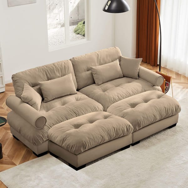 Dalton 93.7 in. Velvet Upholstered Rectangle Sectional Sofa in. Brown with 2 Ottomans, Blostered Armrests,Pillows,Camel