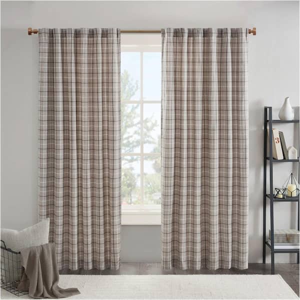 Salford Brown 50 in. W x 63 in. L Plaid Rod Pocket and Back Tab Curtain Panel with Fleece Lining (Single Panel)