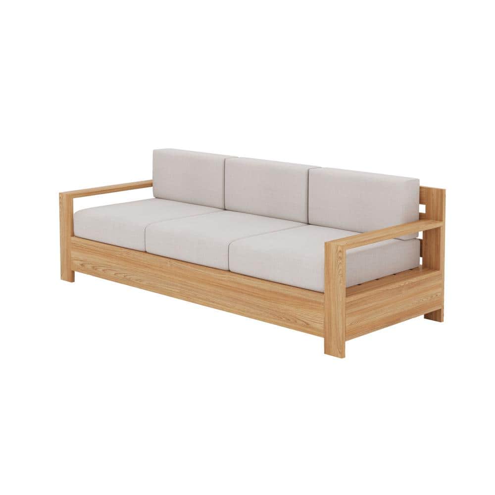 Lothair 3-Person Teak Outdoor Couch with Sunbrella Antique Beige Cushions