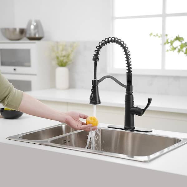 Single Handle 19.01 in Pull Down Sprayer Kitchen Faucet, Kitchen Faucet with Deck Plate in Matte Black