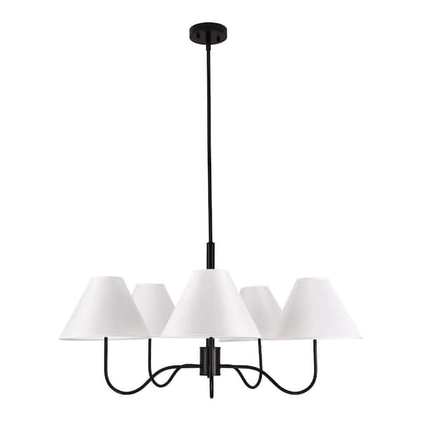 5-Light Matte Black Sputnik Chandelier with White Fabric Shade for Living Room Bedroom