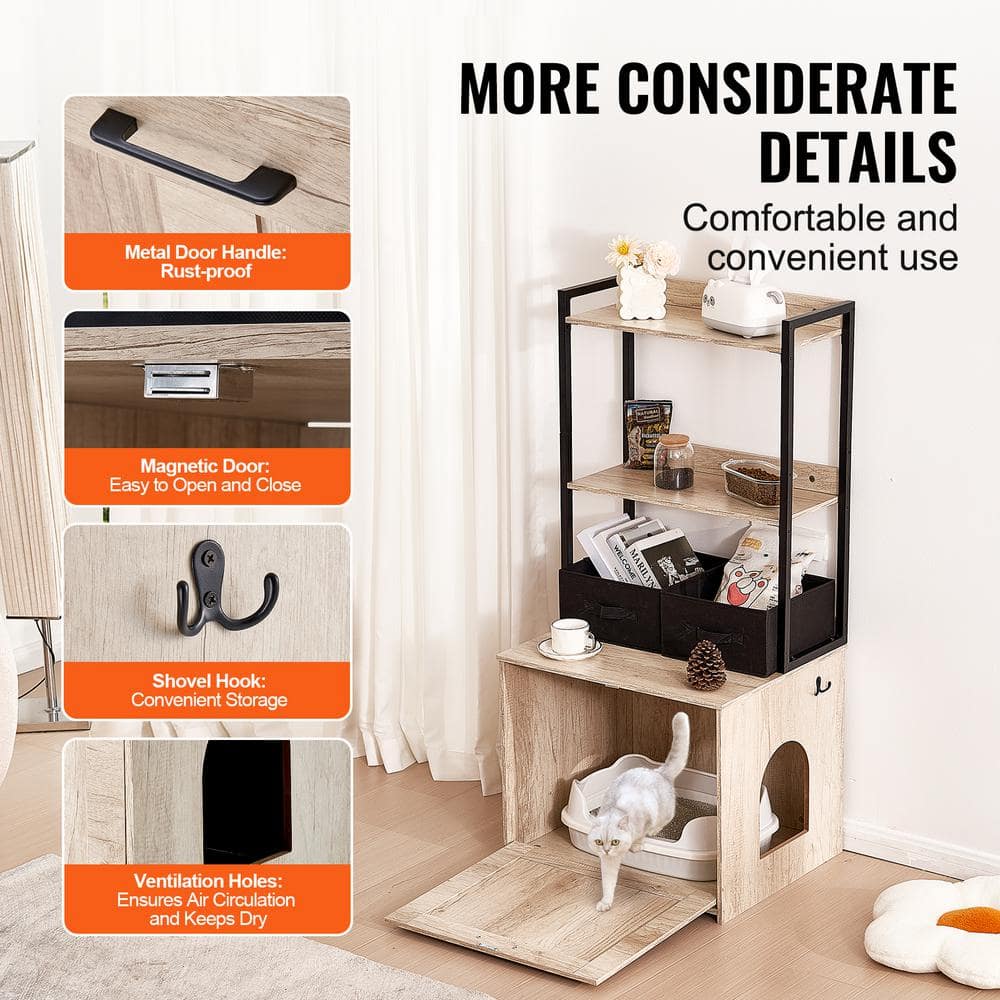 Natural Wood Cat Litter Box Enclosure with Shelves