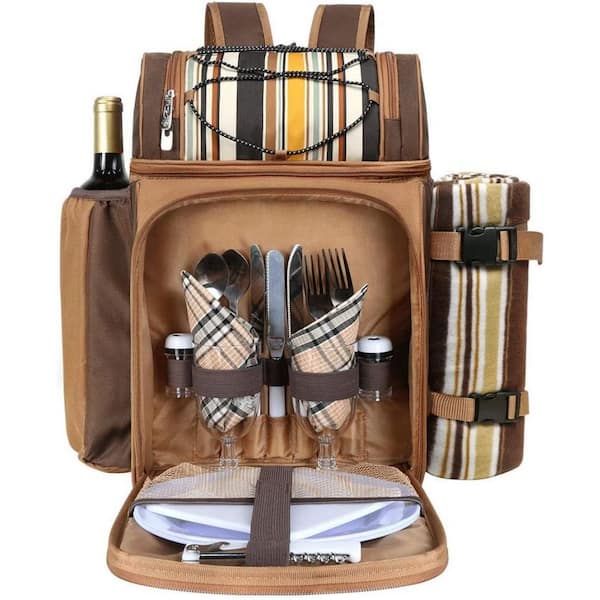 12 in. Blasting Brown Picnic Backpack-2 Insulation Cooler, Wine Rack, Wool  Blanket B08MPY2VB2 The Home Depot