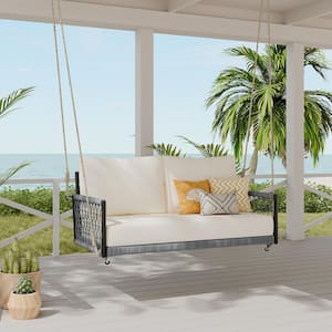 2-Person Black Metal Patio Swing with Beige Cushions, Gray Rope