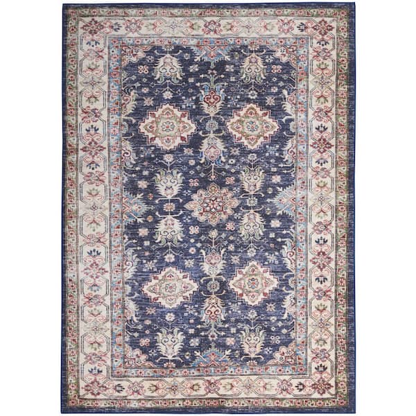 5 ft. x 7 ft. Blue and Ivory Oriental Distressed Non Skid Area Rug