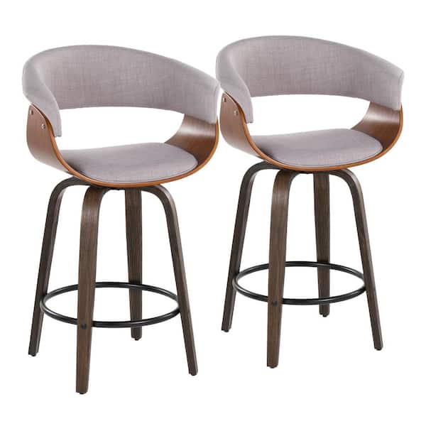 Lumisource Vintage Mod 25.25 in. Stone Fabric Walnut Glazed Wood Walnut Wood and Black Metal Fixed-Height Counter Stool (Set of 2)