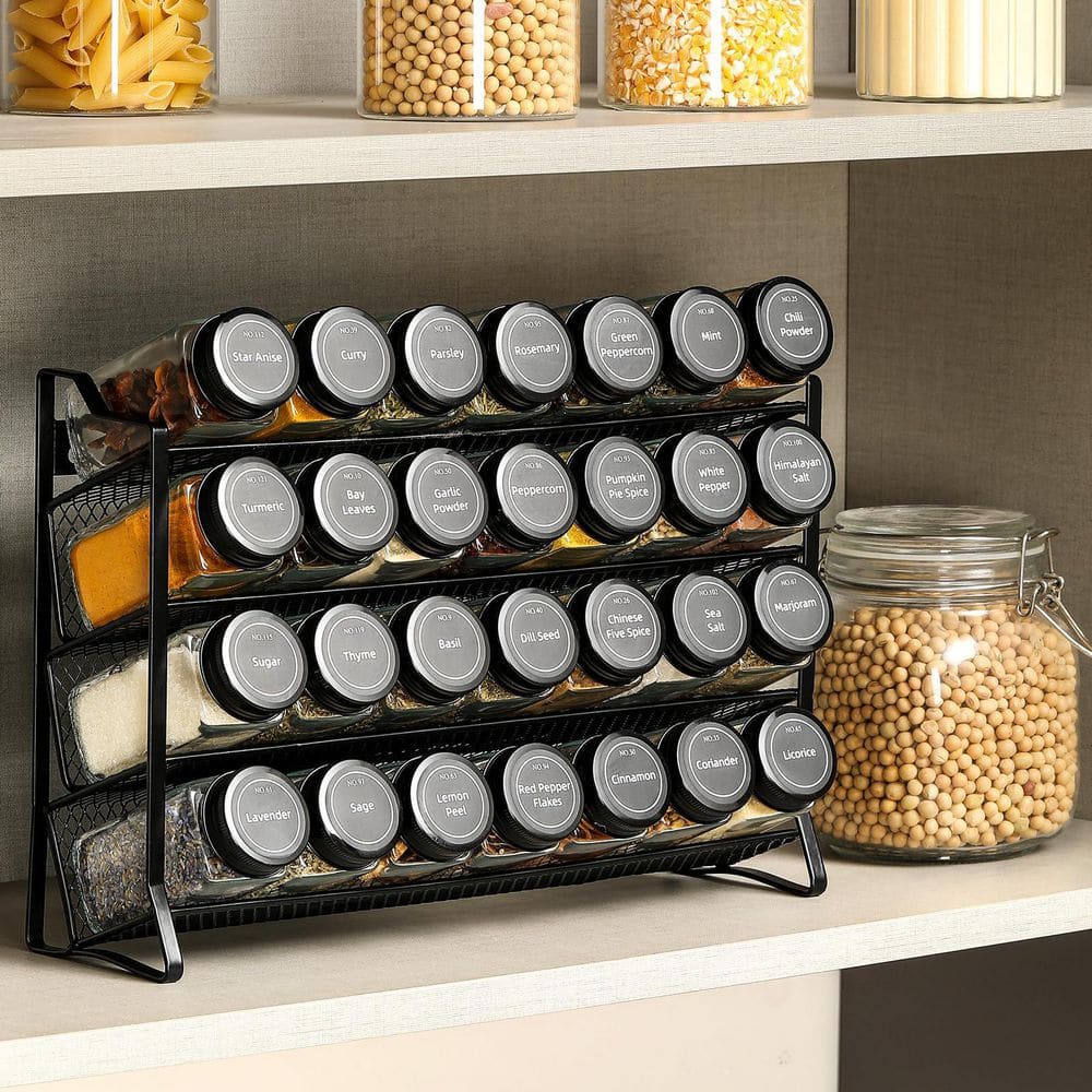 Esepony 4-Shelf Spice Rack Organizer with 28 Empty Spice Jars, Lids ...