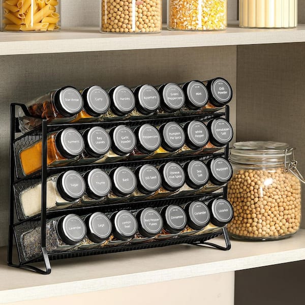 4-Shelf Spice Rack Organizer with 28 Empty Spice Jars, Lids, Funnel, Spice Labels for Countertop, Kitchen, Pantry, Black