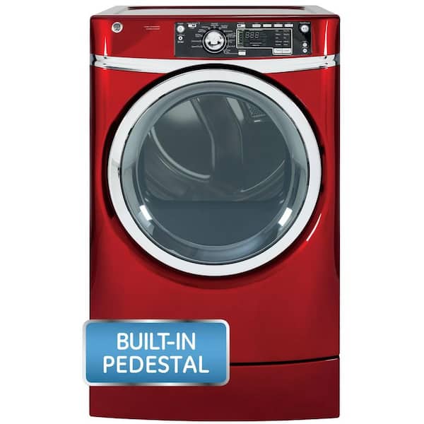 GE 8.3 cu. ft. Right Height Front Load Electric Dryer with Steam in Ruby Red, Pedestal Included