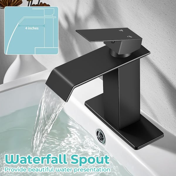 Waterfall Spout Single Handle Single Hole Bathroom Faucet with Deckplate and Pop-Up Drain in Matte Black