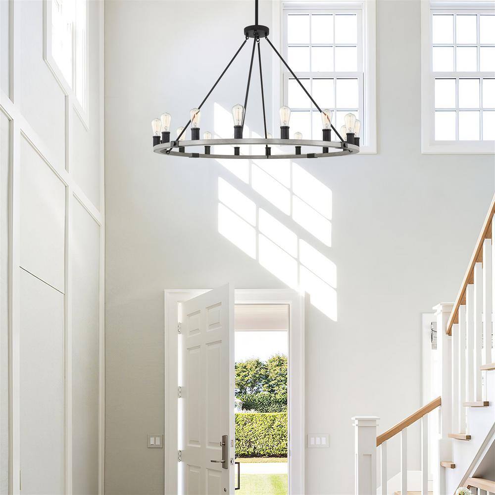 Jericho 48" Black and Gray Oak Wagon Wheel Chandelier