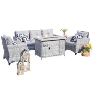 Torch Grey 5-Pieces Wicker Patio Conversation set with Fire pit and Grey Cushions