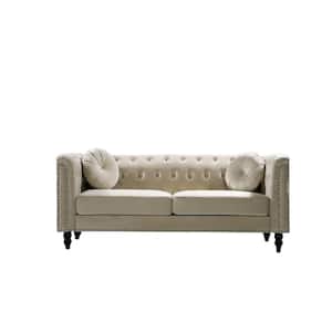 Vivian 75.98 in. W Beige Classic Cream Flared Arm Velvet 3-Seats Straight Chesterfield Sofa with Nailheads