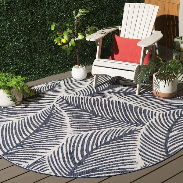 Beach House Navy/Ivory 7 ft. x 7 ft. Botanical Leaf Indoor/Outdoor Round Area Rug