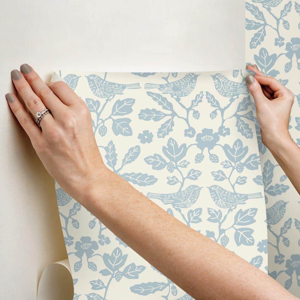 Glacial Blue Bird and Botanical Peel & Stick Wallpaper