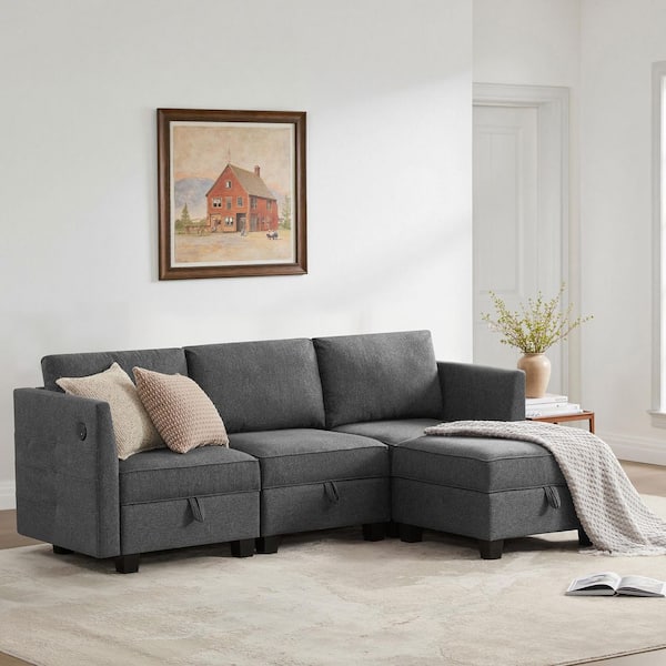 Billy 86" Modular Square Arm L-Shaped Polyester 4-Piece Storage Sectional Sofa in. Soapstone Gray