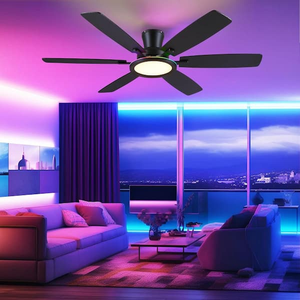 54 in. Indoor/Outdoor Black Ceiling Fan with Dimmable RGB LED Light and Remote/APP Control