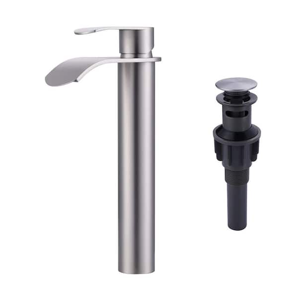 Single Handle Single Hole Tall Waterfall Bathroom Faucet with Pop Up Drain and Supply Lines in Brushed Nickel
