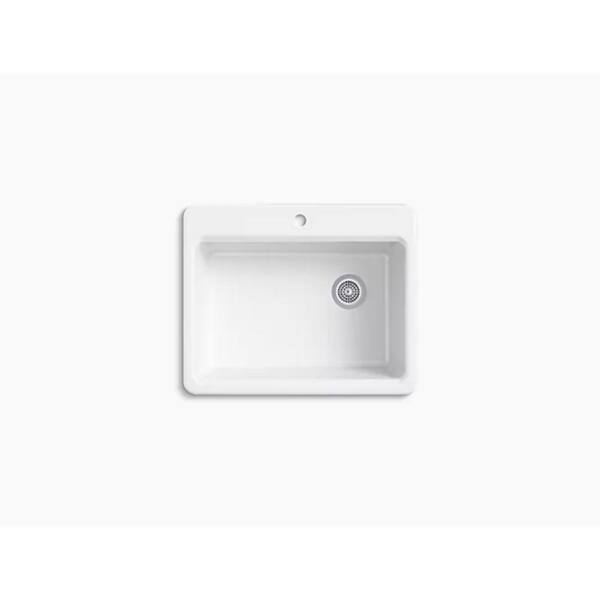 KOHLER Riverby Drop-In Cast Iron 25 in. 1-Hole Single Bowl Kitchen Sink in  White with Basin Rack K-5872-1A1-0 - The Home Depot